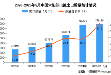 2025年1-8月中国太阳能电池出口数据统计分析：出口量同比增长61.5%