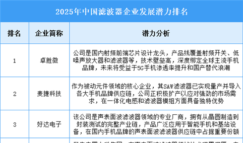 2025年中国滤波器企业发展潜力排名