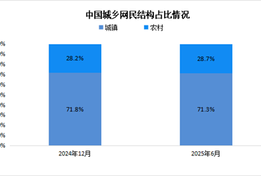 2025年上半年中国城乡网民规模：城镇网民规模占网民整体的71.3%
