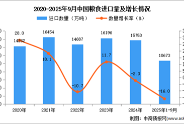 2025年1-9月中國糧食進(jìn)口數(shù)據(jù)統(tǒng)計分析：進(jìn)口量10673萬噸