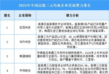 2025年中国高镍三元电池企业发展潜力排名