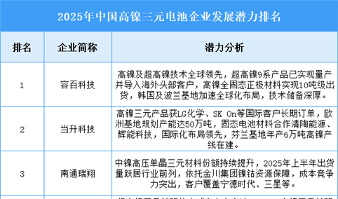 2025年中国高镍三元电池企业发展潜力排名