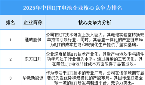 2025年中国HJT电池企业核心竞争力排名