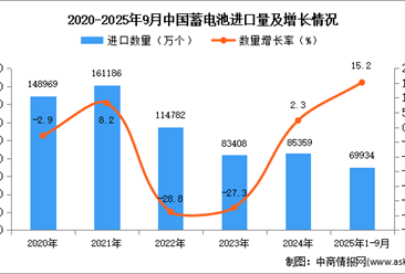 2025年1-9月中国蓄电池进口数据统计分析：进口量69934万个