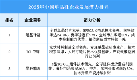 2025年中国单晶硅企业发展潜力排名