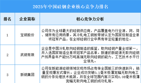 2025年中国硅钢企业核心竞争力排名