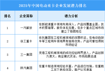 2025年中国电动重卡企业发展潜力排名