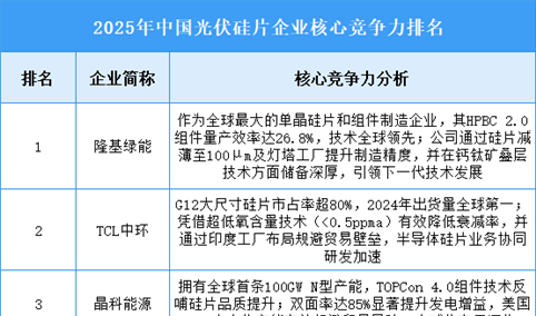 2025年中国光伏硅片企业核心竞争力排名