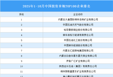 产业投资情报：2025年1-10月中国投资拿地TOP100企业排行榜（产业篇）