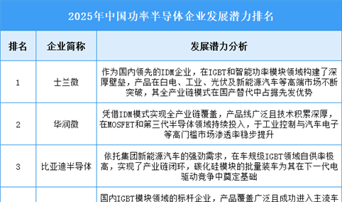 2025年中国功率半导体企业发展潜力排名
