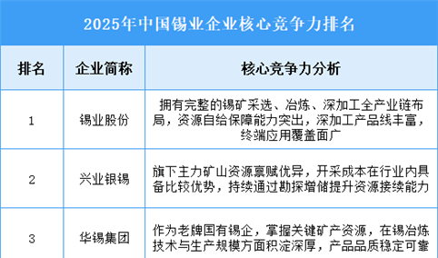2025年中国锡业企业核心竞争力排名