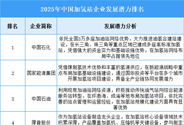 2025年中国加氢站企业发展潜力排名