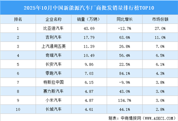 2025年10月中国新能源汽车厂商批发销量排行榜TOP10（附榜单）