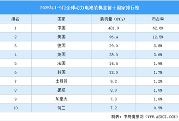 2025年1-9月全球动力电池装机量前十国家排行榜（附榜单）
