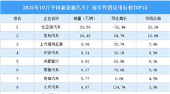 2025年10月中國(guó)新能源汽車廠商零售銷量排行榜TOP10（附榜單）