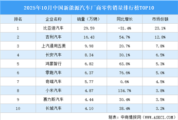 2025年10月中国新能源汽车厂商零售销量排行榜TOP10（附榜单）