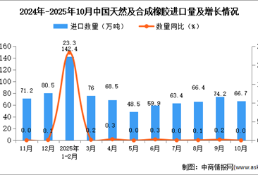 2025年10月中国天然及合成橡胶进口数据统计分析：进口量66.7万吨