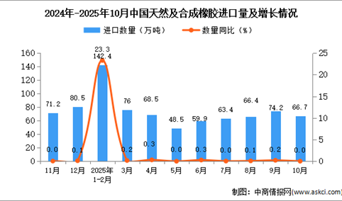 2025年10月中国天然及合成橡胶进口数据统计分析：进口量66.7万吨
