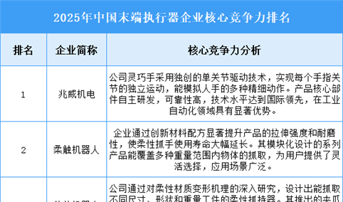 2025年中国末端执行器企业核心竞争力排名