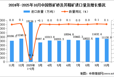 2025年10月中国铁矿砂及其精矿进口数据统计分析：进口量11130.9万吨
