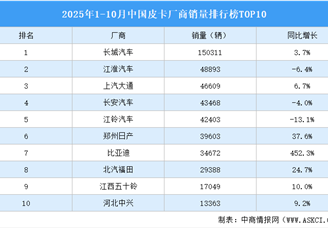 2025年1-10月中国皮卡厂商销量排行榜TOP10（附榜单）