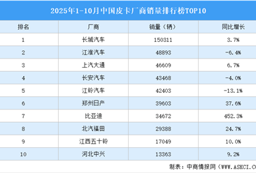 2025年1-10月中国皮卡厂商销量排行榜TOP10（附榜单）