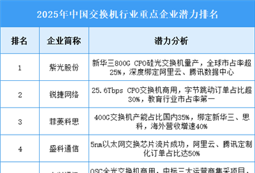 2025年中国交换机行业重点企业潜力排名
