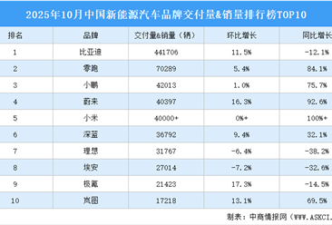 2025年10月中国新能源汽车品牌交付量&销量排行榜TOP10（附榜单）