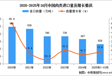 2025年1-10月中国肉类进口数据统计分析：进口量528万吨