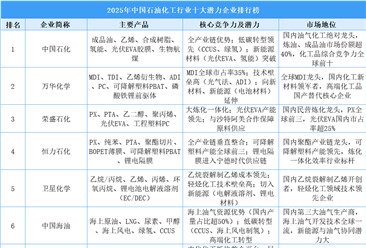 2025年中国石油化工行业十大潜力企业排行榜（附榜单）