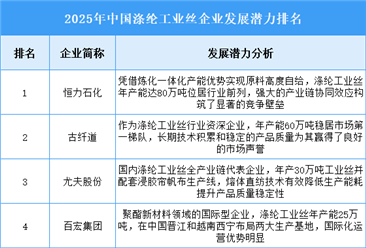 2025年中国涤纶工业丝企业发展潜力排名