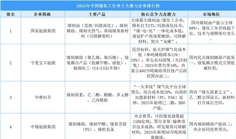 2025年中国煤化工行业十大潜力企业排行榜（附榜单）