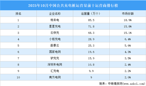 2025年10月中国公共充电桩运营量前十运营商排行榜（附榜单）
