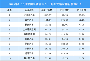 2025年1-10月中国新能源汽车厂商批发销量排行榜TOP10（附榜单）