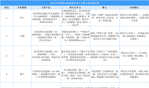 2025年中国汽车起重机行业十大潜力企业排行榜（附榜单）