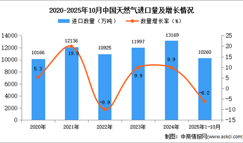2025年1-10月中国天然气进口数据统计分析：进口量同比下降6.2%