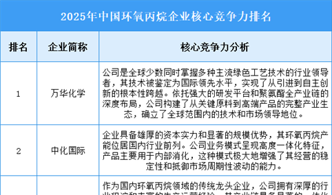 2025年中国环氧丙烷企业核心竞争力排名