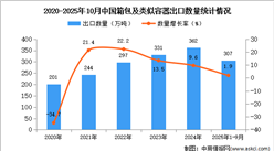 2025年1-10月中国箱包及类似容器出口数据统计分析：出口量307万吨