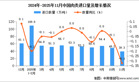 2025年11月中国肉类进口数据统计分析：进口量39.3万吨