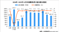2025年11月中国粮食进口数据统计分析：进口量1092.6万吨