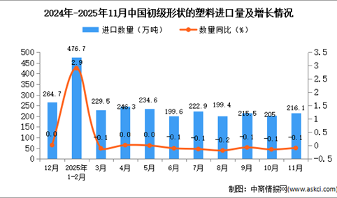 2025年11月中国初级形状的塑料进口数据统计分析：进口量216.1万吨