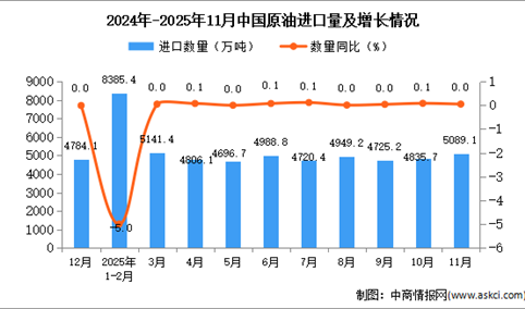 2025年11月中国原油进口数据统计分析：进口量5089.1万吨