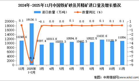 2025年11月中国铁矿砂及其精矿进口数据统计分析：进口量11054万吨