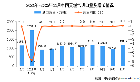2025年11月中国天然气进口数据统计分析：进口量1194.7万吨