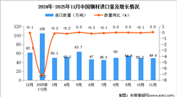 2025年11月中国钢材进口数据统计分析：进口量49.6万吨