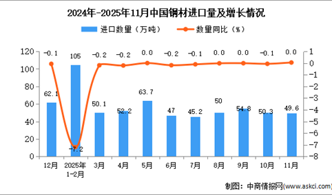 2025年11月中国钢材进口数据统计分析：进口量49.6万吨