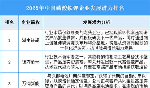 2025年中国磷酸铁锂企业发展潜力排名