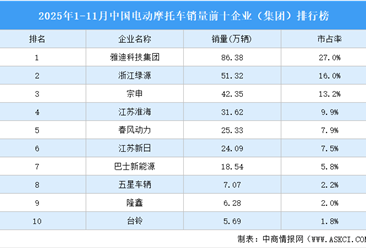 2025年1-11月中国电动摩托车销量前十企业（集团）排行榜（附榜单）