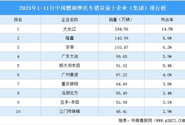 2025年1-11月中国燃油摩托车销量前十企业（集团）排行榜（附榜单）