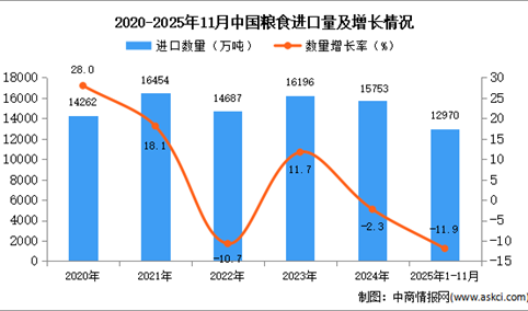 2025年1-11月中国粮食进口数据统计分析：进口量12970万吨